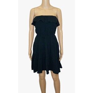 Women's SMALL Ruffled Tube Top Mini Dress Cotton Light Black Sleeveless Summer